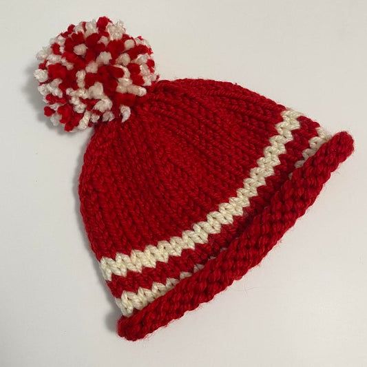 Vintage Hand Knit Beanie Chunky Wool Knit Winter Hat Red and White