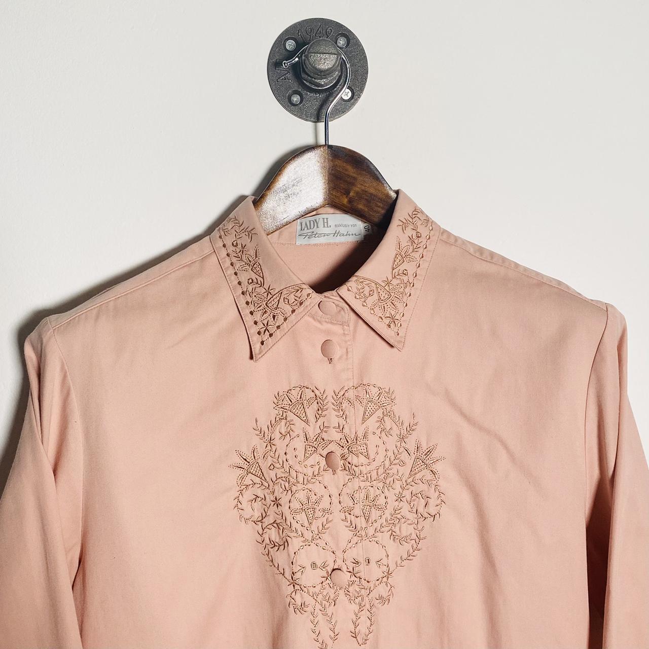 Vintage 80s Blouse Embroidered Pink Cottage Core Button Up Shirt