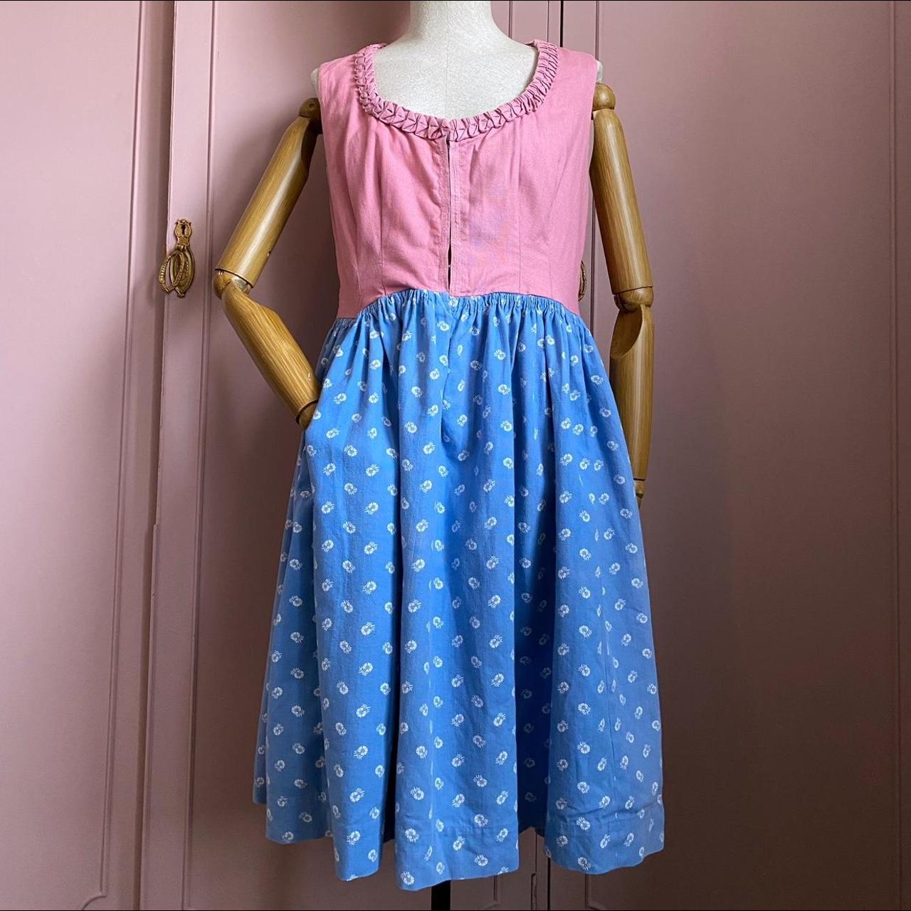 Handmade Cottagecore Dress Vintage A Line Dress Pink and Blue Large Kitsch Sleeveless Linen Dress wi