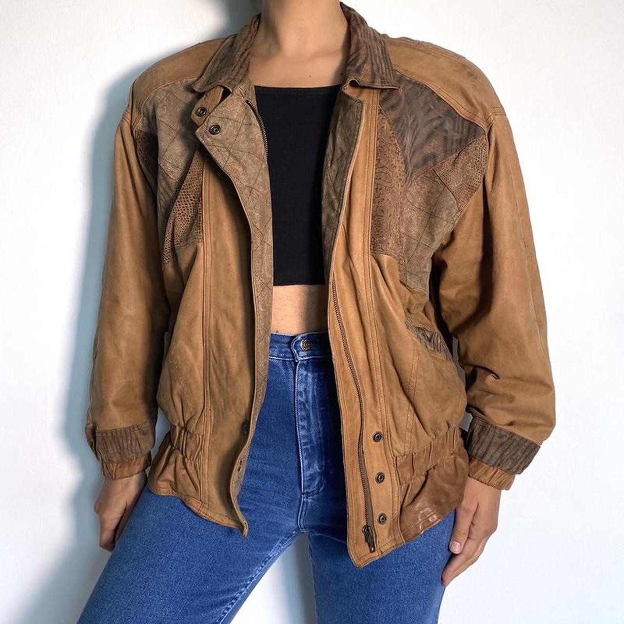 Leather Bomber Jacket Vintage 80s Snakeskin Patchwork Oversized Batwing Style Jacket Tan Brown Retro