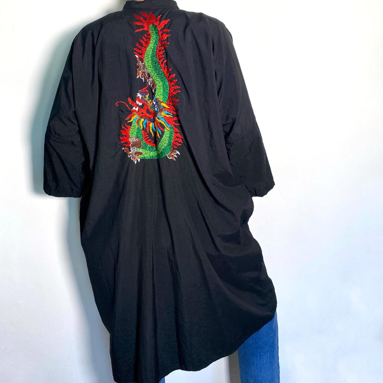 Vintage Kimono Dressing Gown Black Japanese Robe Embroidered Dragon Kimono Black Duster Jacket XL