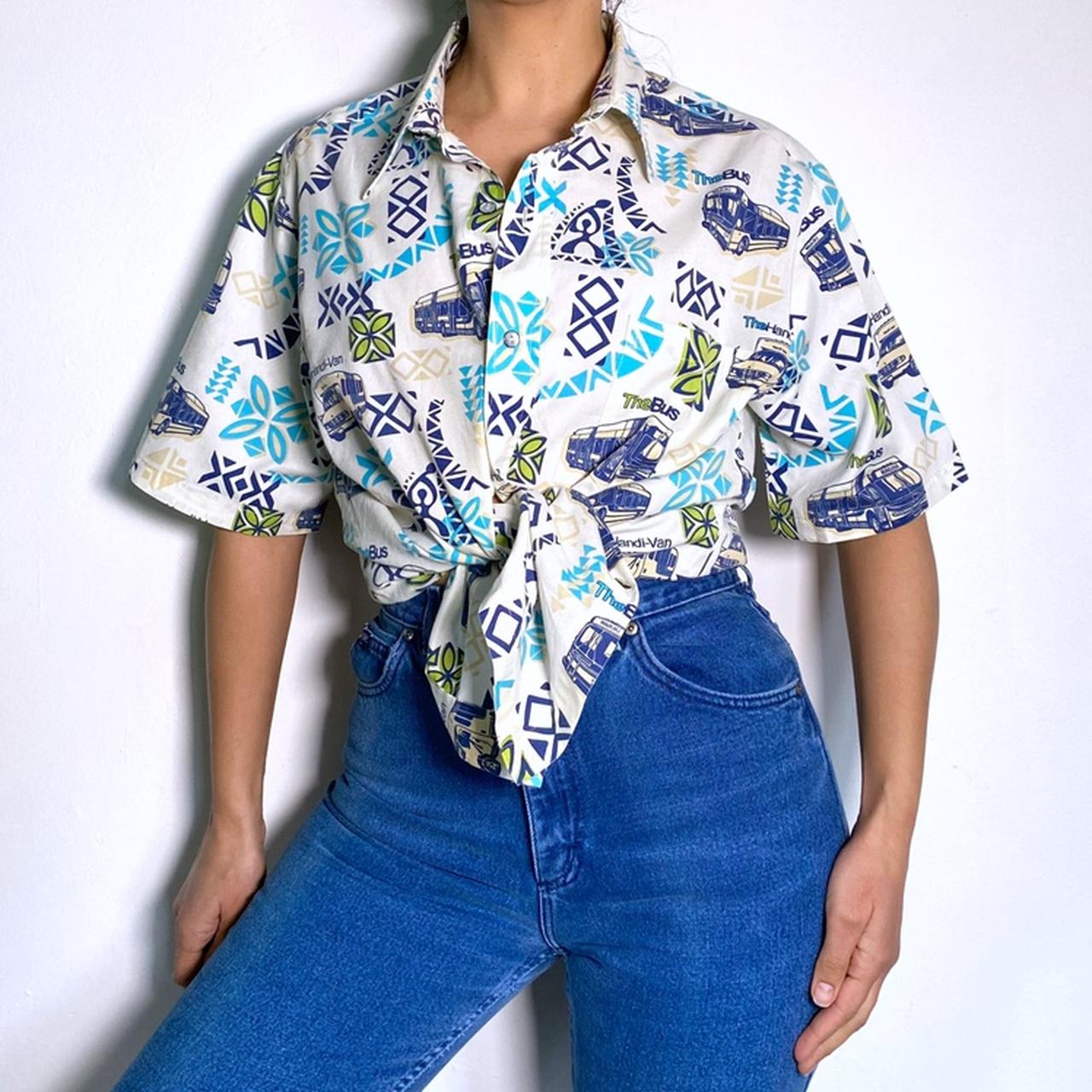 Vintage 80s Hawaiian Shirt Short Sleeve Oversized Button Up White & Blue