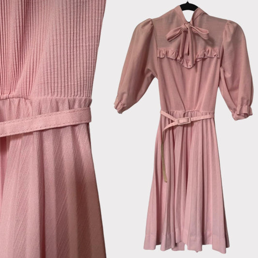 vintage 80s Pink Dress Babydoll Retro Midi Dress Bow Neck Pleated Skirt Puff Sleeve Size XS