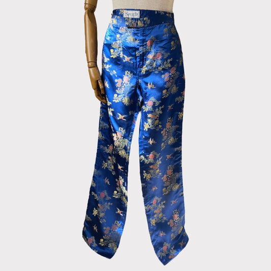 Vintage 90s Silk Trousers Blue Chinese Brocade Straight Leg Size M UK 10