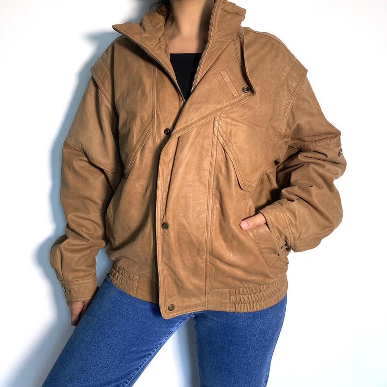 Leather Bomber Jacket Vintage 80s Oversized Tan Retro Full Zip Jacket