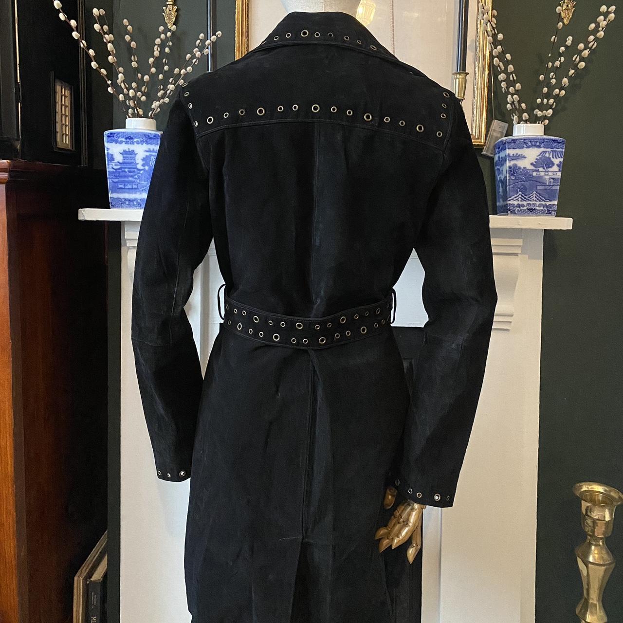 Vintage Black Suede Trench Coat Studded Long Leather Jacket Eyelet Embellished Jacket amid Length wi