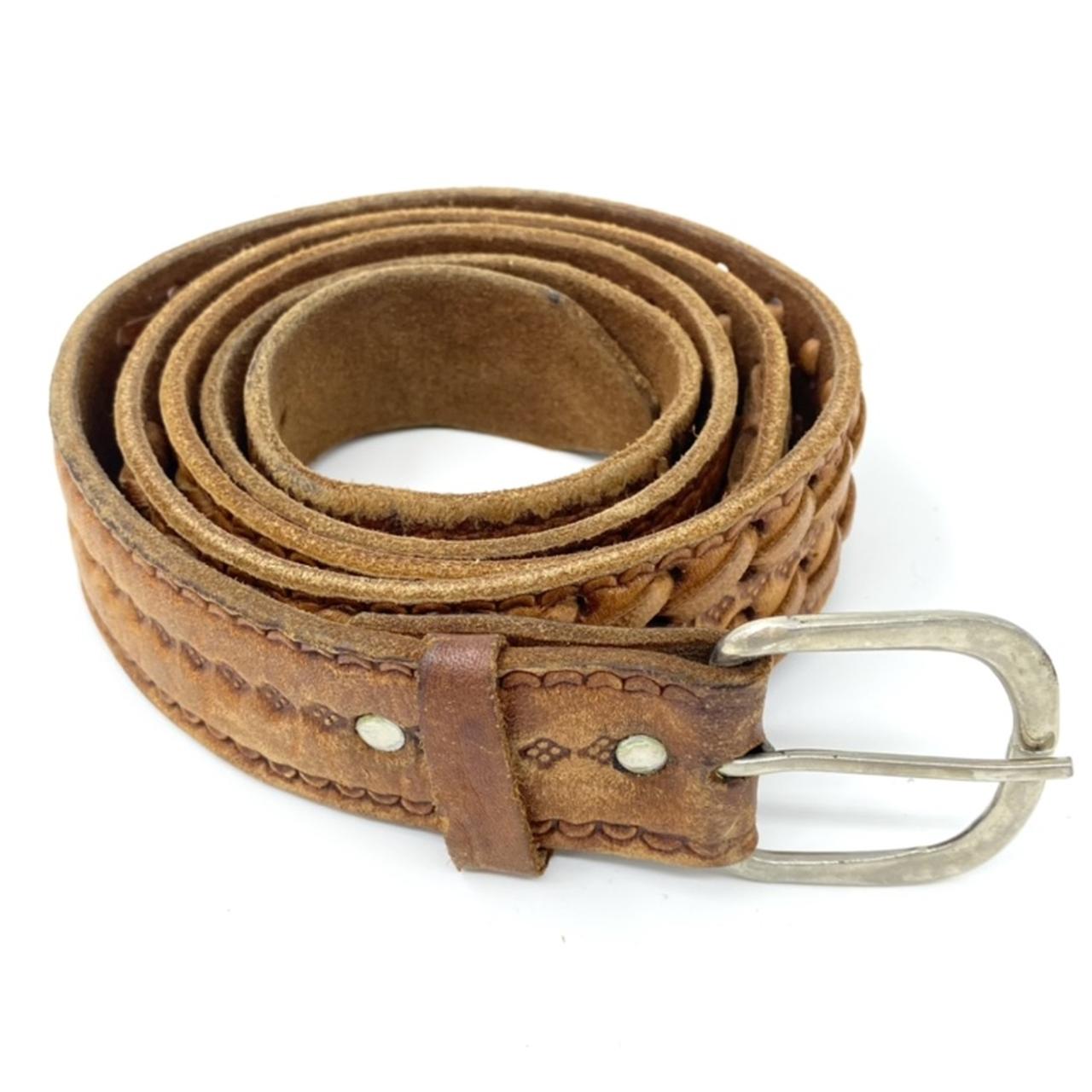 Vintage Leather Belt Brown Tooled Leather Western Belt Braided Woven Detail Silver Tone Buckle