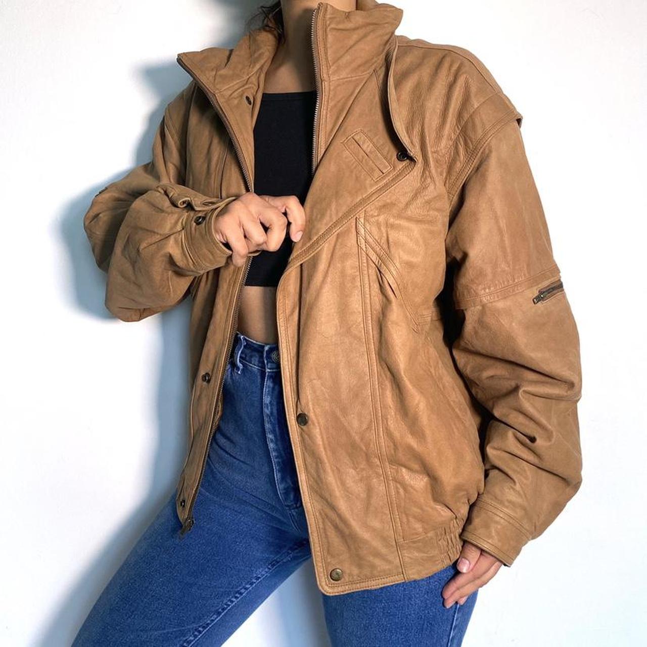 Leather Bomber Jacket Vintage 80s Oversized Tan Retro Full Zip Jacket