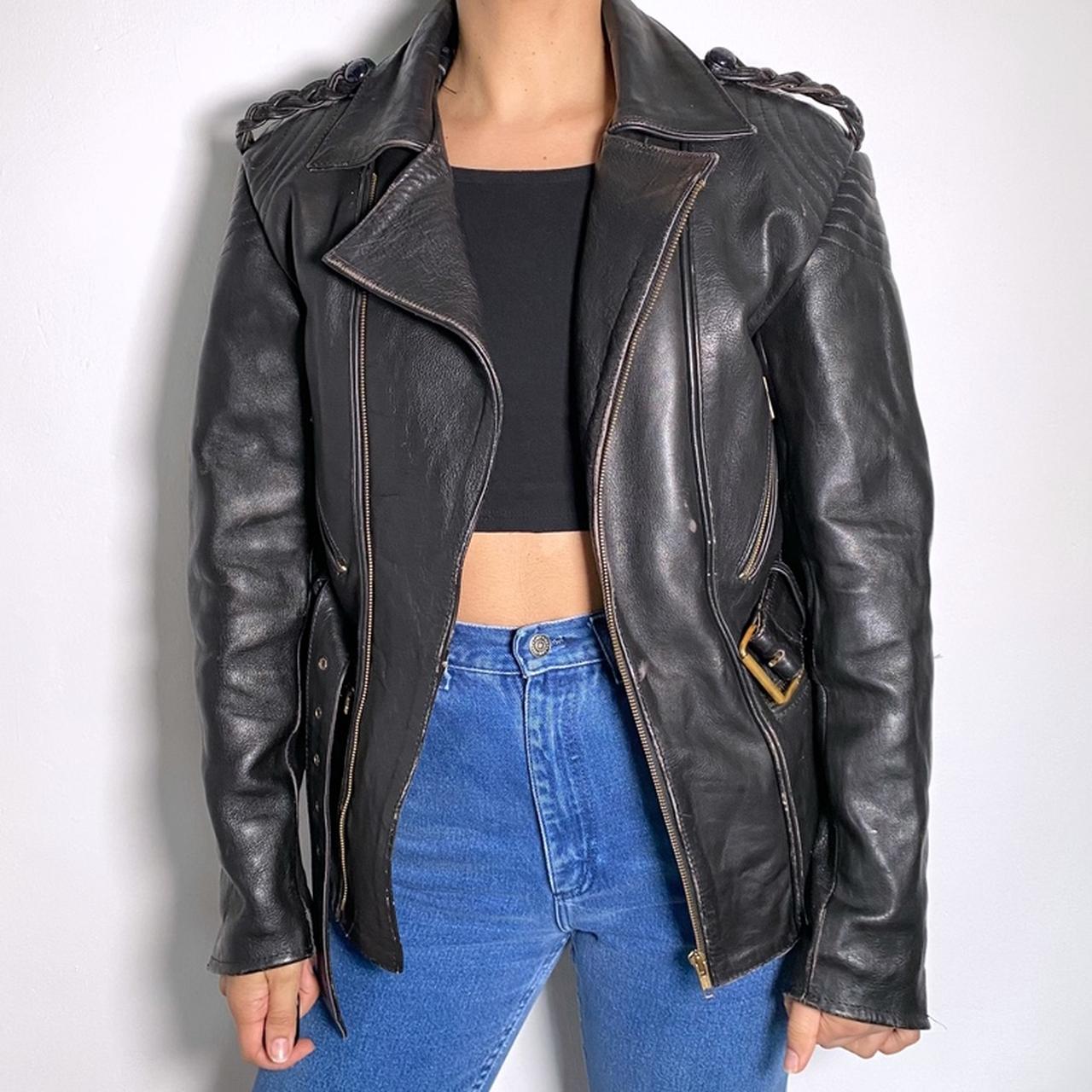 Vintage 90s Biker Leather Jacket Black Motorcycle Jacket Belted Waist