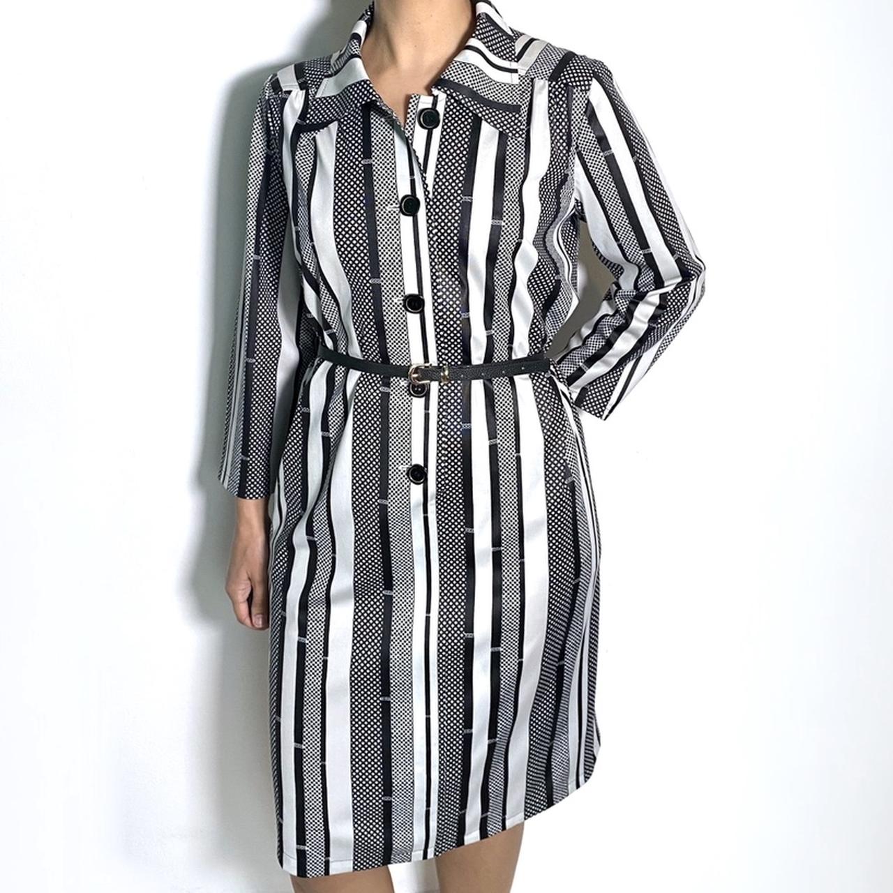 Vintage 70s Shirt Dress Collared Midi Dress Striped Long Sleeve Retro Dress with Pockets