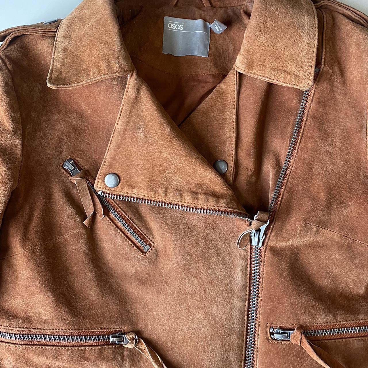 Tan Suede Biker Jacket Western Cowgirl Leather Bomber Jacket Brown Size UK 8 Small