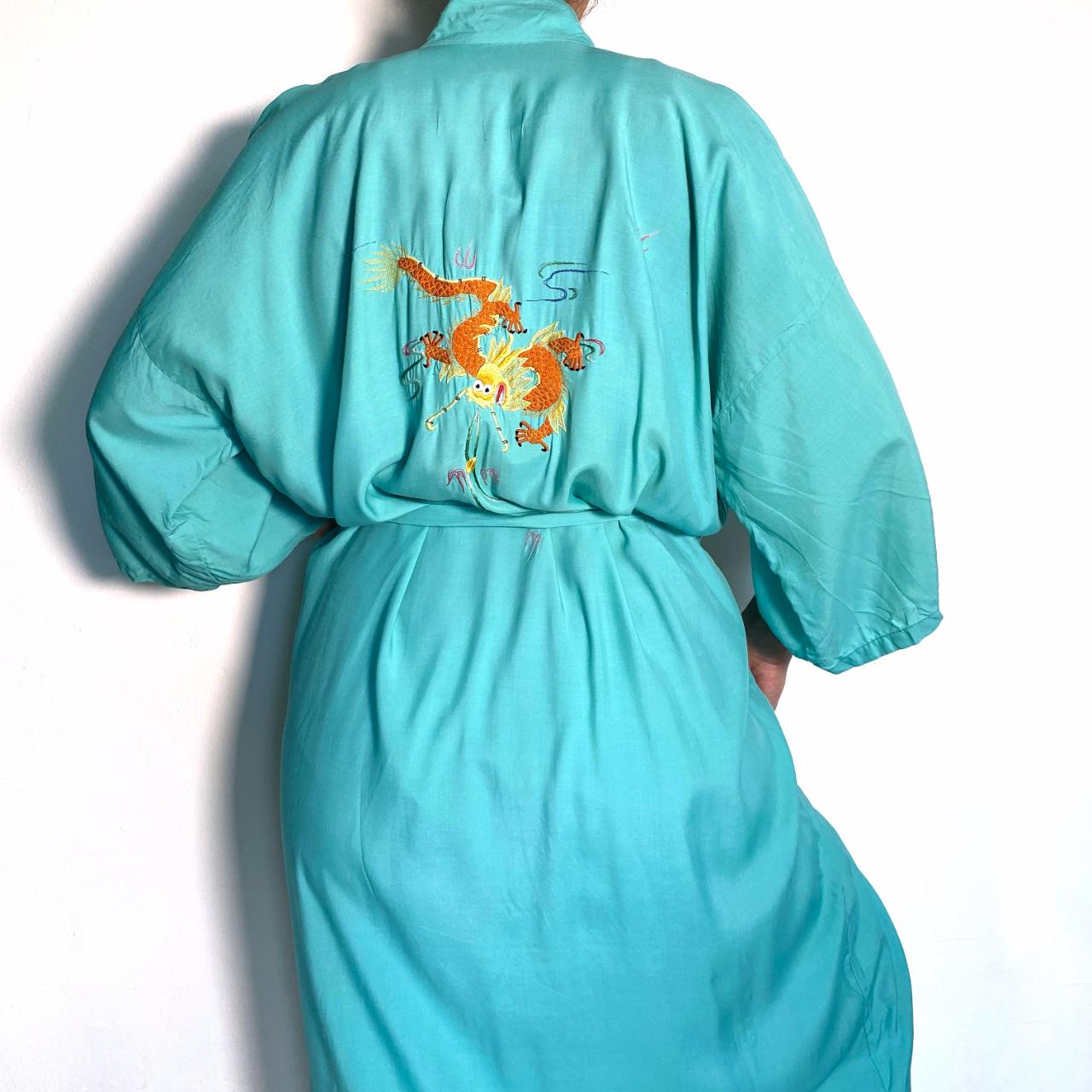 Vintage 70s Kimono Maxi Japanese Dressing Gown Embroidered Dragon Robe Full Length Bright Blue with