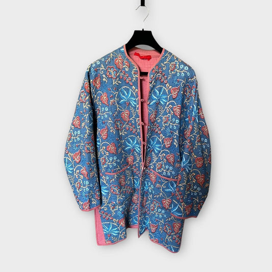 Vintage Quilted Jacket Handmade Reversible Print Boho Coat Blue and Pink Kimono Jacket