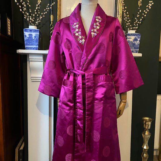 Vintage Kimono Robe Japanese Embroidered Dressing Gown Brocade Satin Magenta Embroidery Sleepwear Py