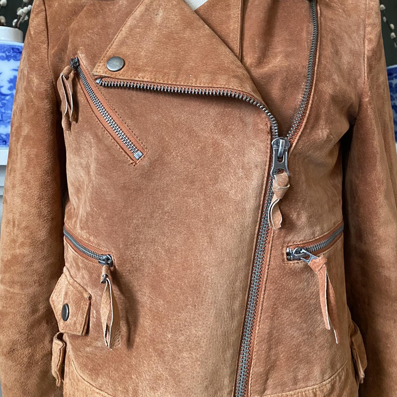 Tan Suede Biker Jacket Western Cowgirl Leather Bomber Jacket Brown Size UK 8 Small