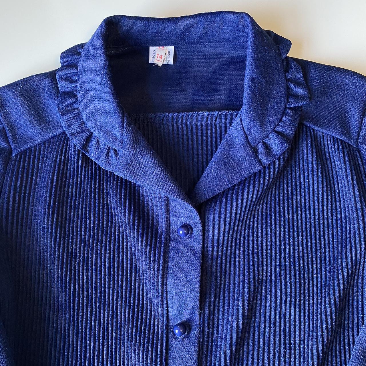 Vintage 70s Top Retro Ruffle Collar Blouse Blue Button-Up Shirt with Tie Back