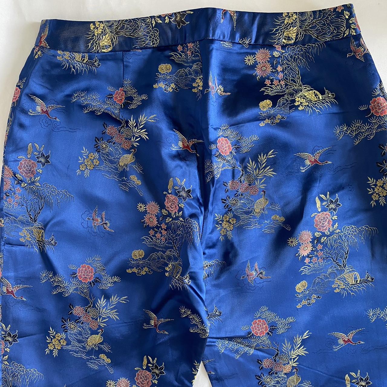 Vintage 90s Silk Trousers Blue Chinese Brocade Straight Leg Size M UK 10