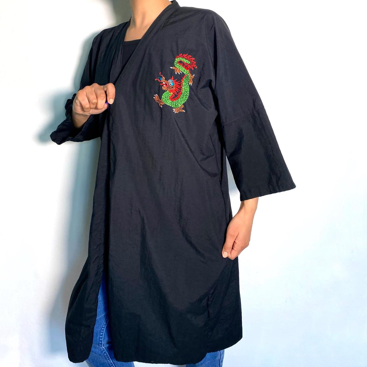 Vintage Kimono Dressing Gown Black Japanese Robe Embroidered Dragon Kimono Black Duster Jacket XL