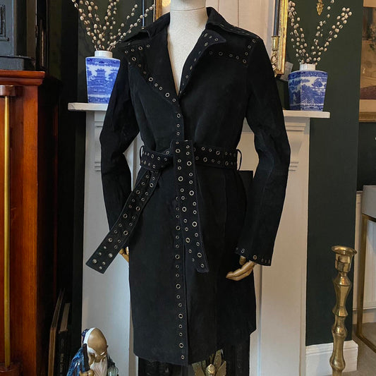 Vintage Black Suede Trench Coat Studded Long Leather Jacket Eyelet Embellished Jacket amid Length wi