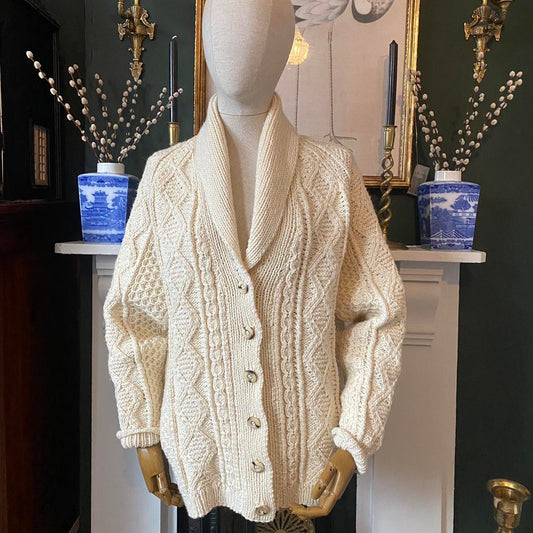 Vintage 90s Cardigan Hand Knitted Chunky Pure Wool Oversized Sweater Beige Cream Jumper Size Large