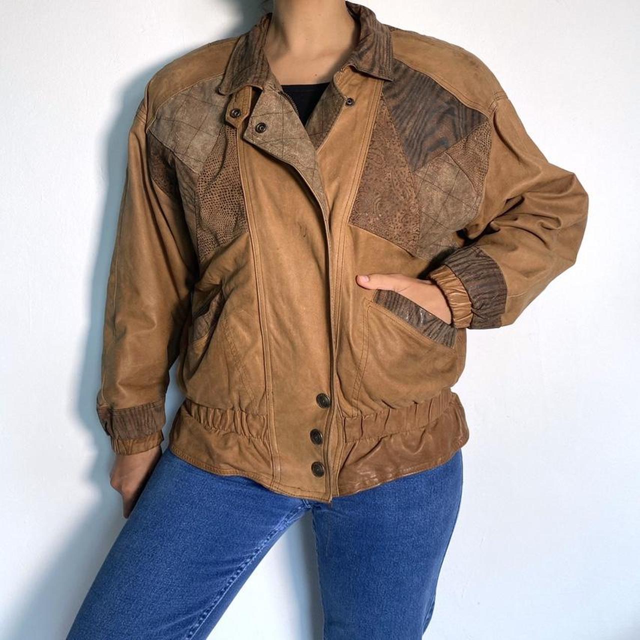 Leather Bomber Jacket Vintage 80s Snakeskin Patchwork Oversized Batwing Style Jacket Tan Brown Retro