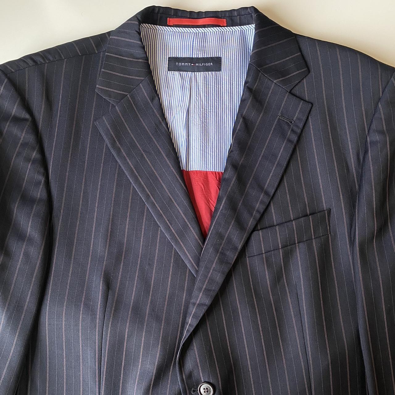 Tommy Hilfiger Blazer 90s Vintage 100% Virgin Wool Charcoal Grey Chalk Pinstripe Suit Jacket 2 Butto