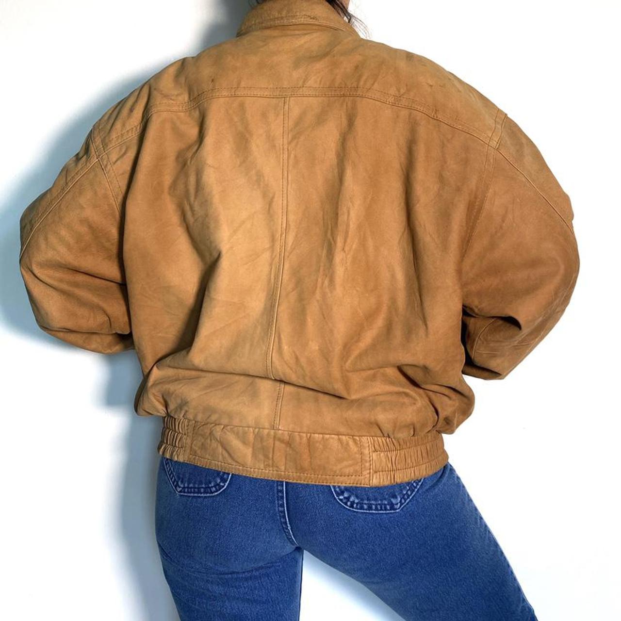 Leather Bomber Jacket Vintage 80s Oversized Brown Retro Full Zip Jacket