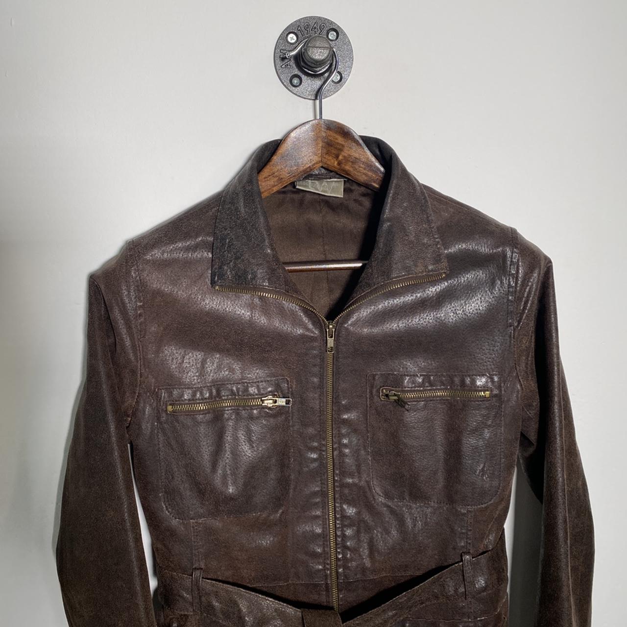 Vintage 90s Brown Genuine Leather Full Zip Jacket with Tie Size UK10 Medium