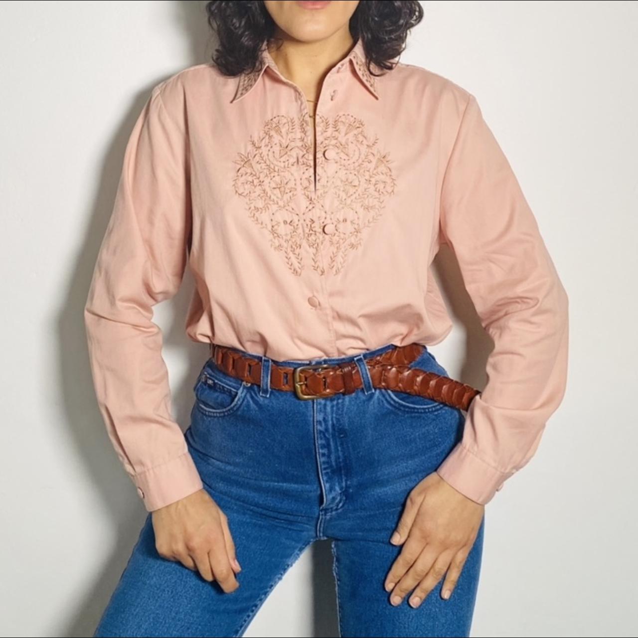 Vintage 80s Blouse Embroidered Pink Cottage Core Button Up Shirt