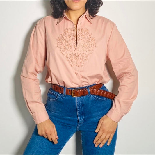 Vintage 80s Blouse Embroidered Pink Cottage Core Button Up Shirt