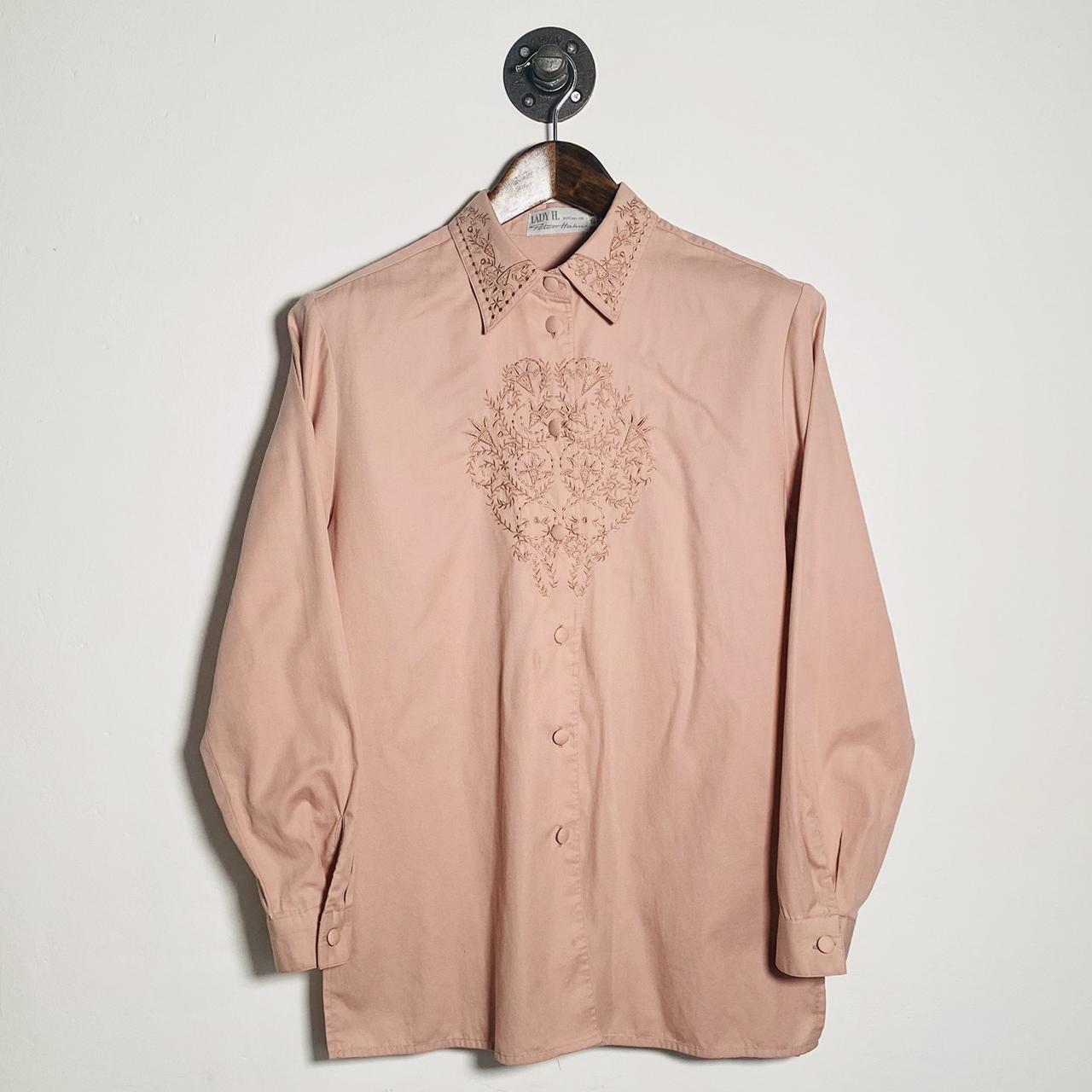 Vintage 80s Blouse Embroidered Pink Cottage Core Button Up Shirt