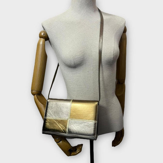 Vintage Shoulder Bag Silver and Gold Cross Body Bag 80s Handbag Blocked Patchwork