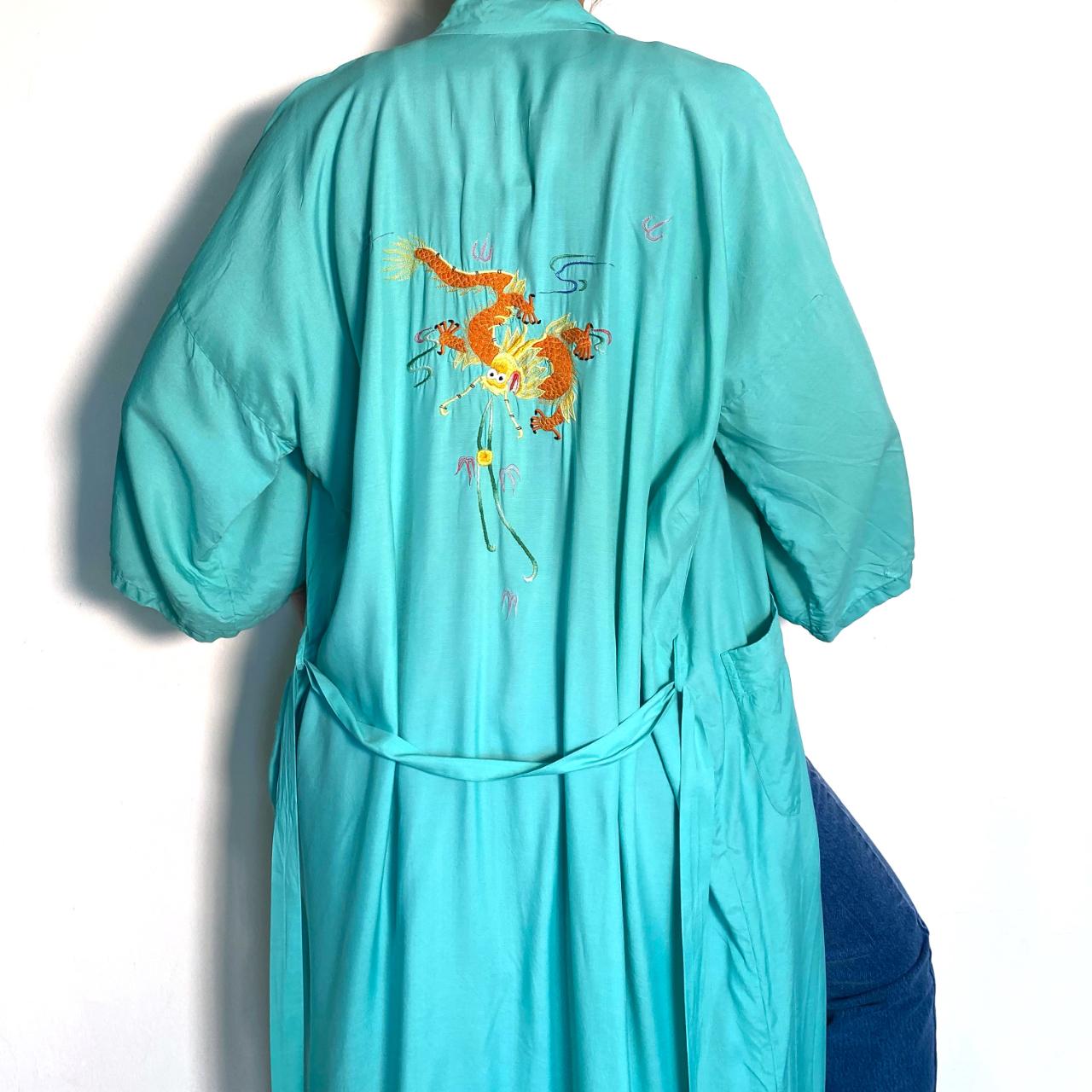 Vintage 70s Kimono Maxi Japanese Dressing Gown Embroidered Dragon Robe Full Length Bright Blue with