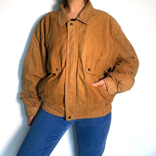 Leather Bomber Jacket Vintage 80s Oversized Brown Retro Full Zip Jacket