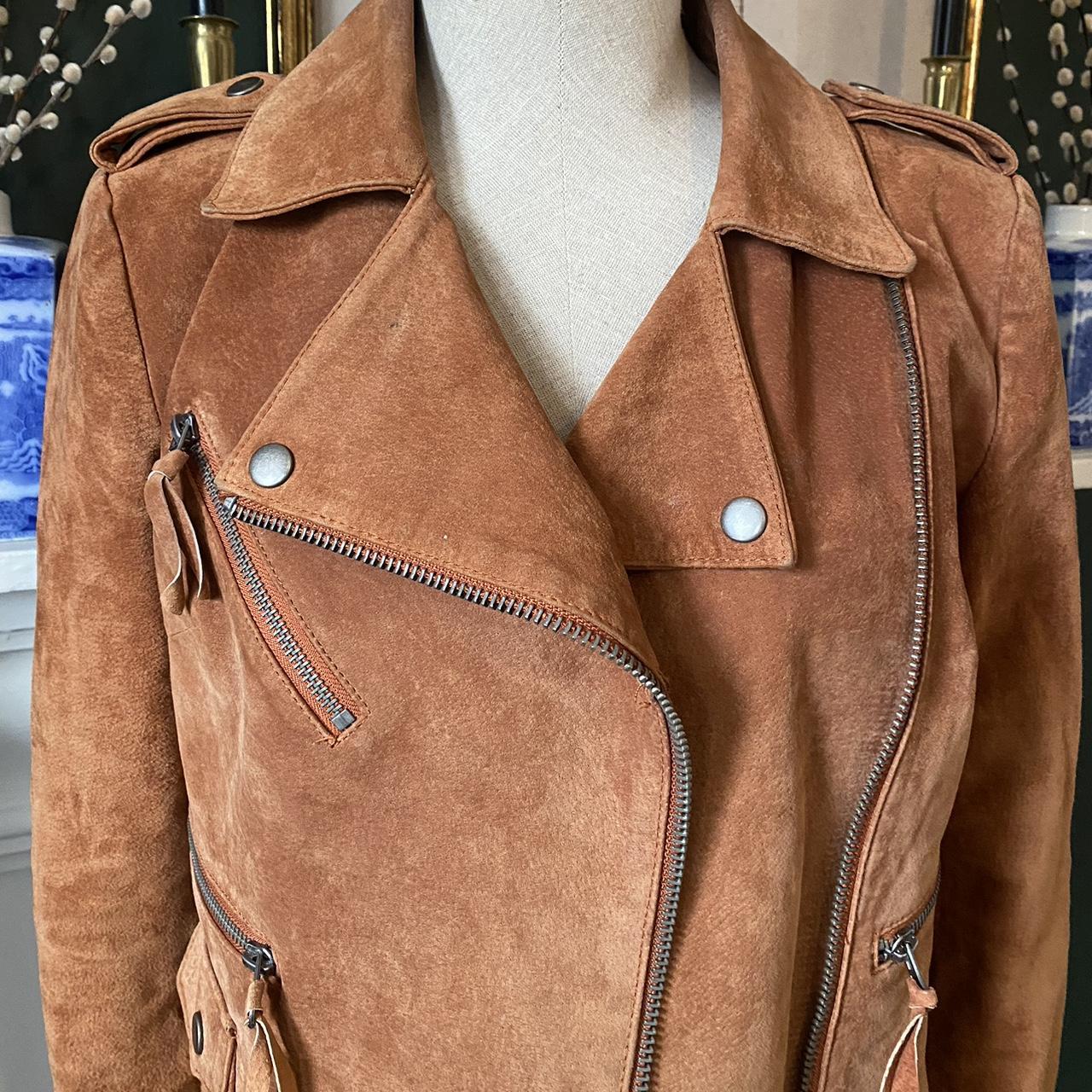 Tan Suede Biker Jacket Western Cowgirl Leather Bomber Jacket Brown Size UK 8 Small