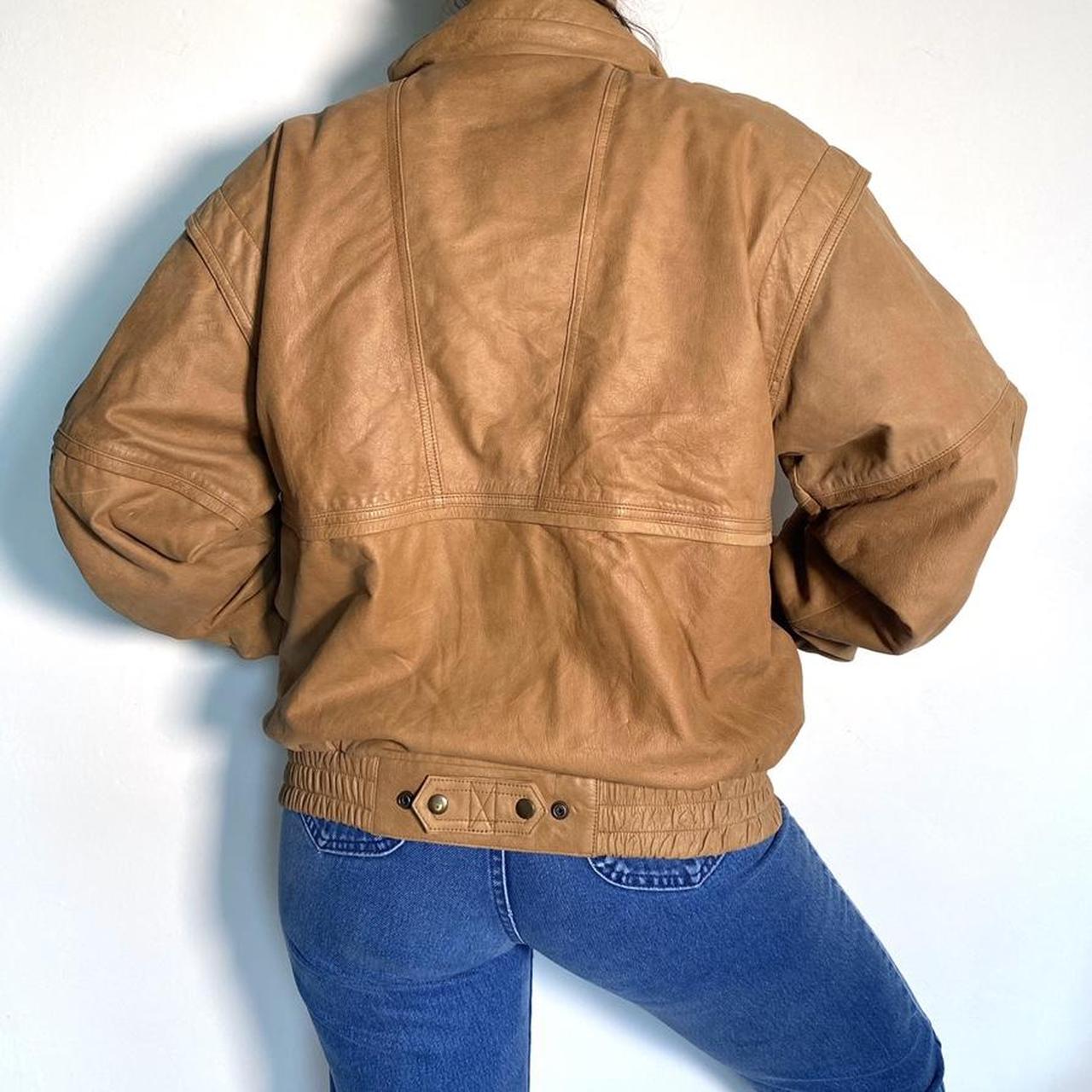 Leather Bomber Jacket Vintage 80s Oversized Tan Retro Full Zip Jacket