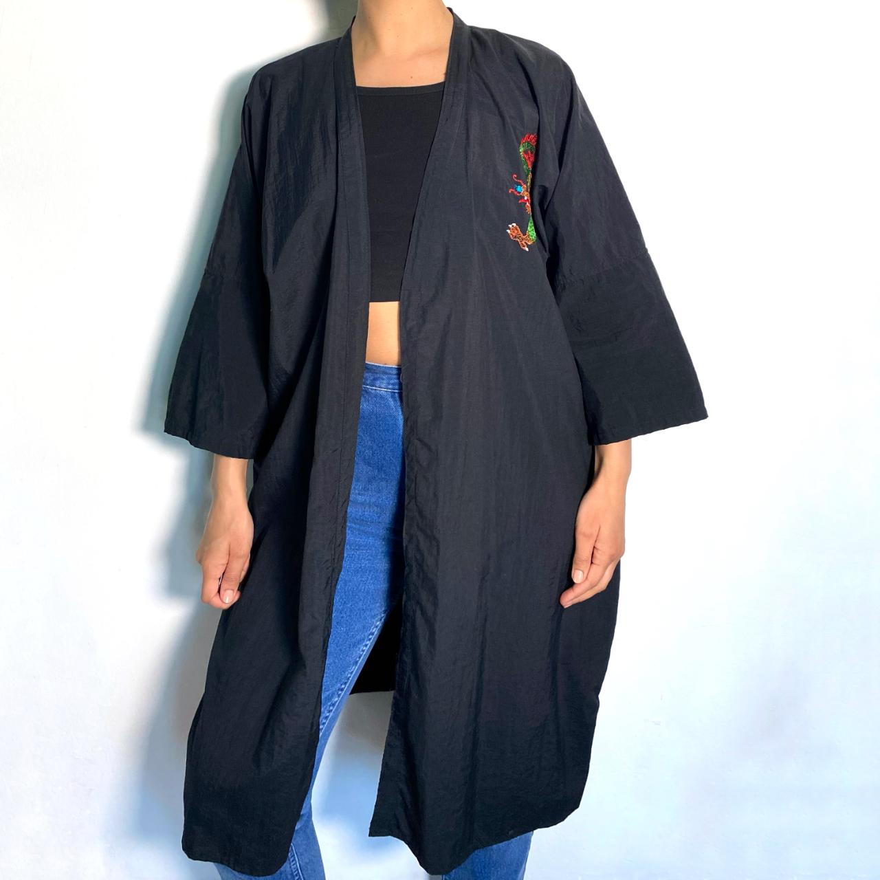 Vintage Kimono Dressing Gown Black Japanese Robe Embroidered Dragon Kimono Black Duster Jacket XL