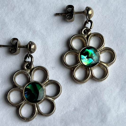 Vintage Drop Earrings Silver Tone Flower