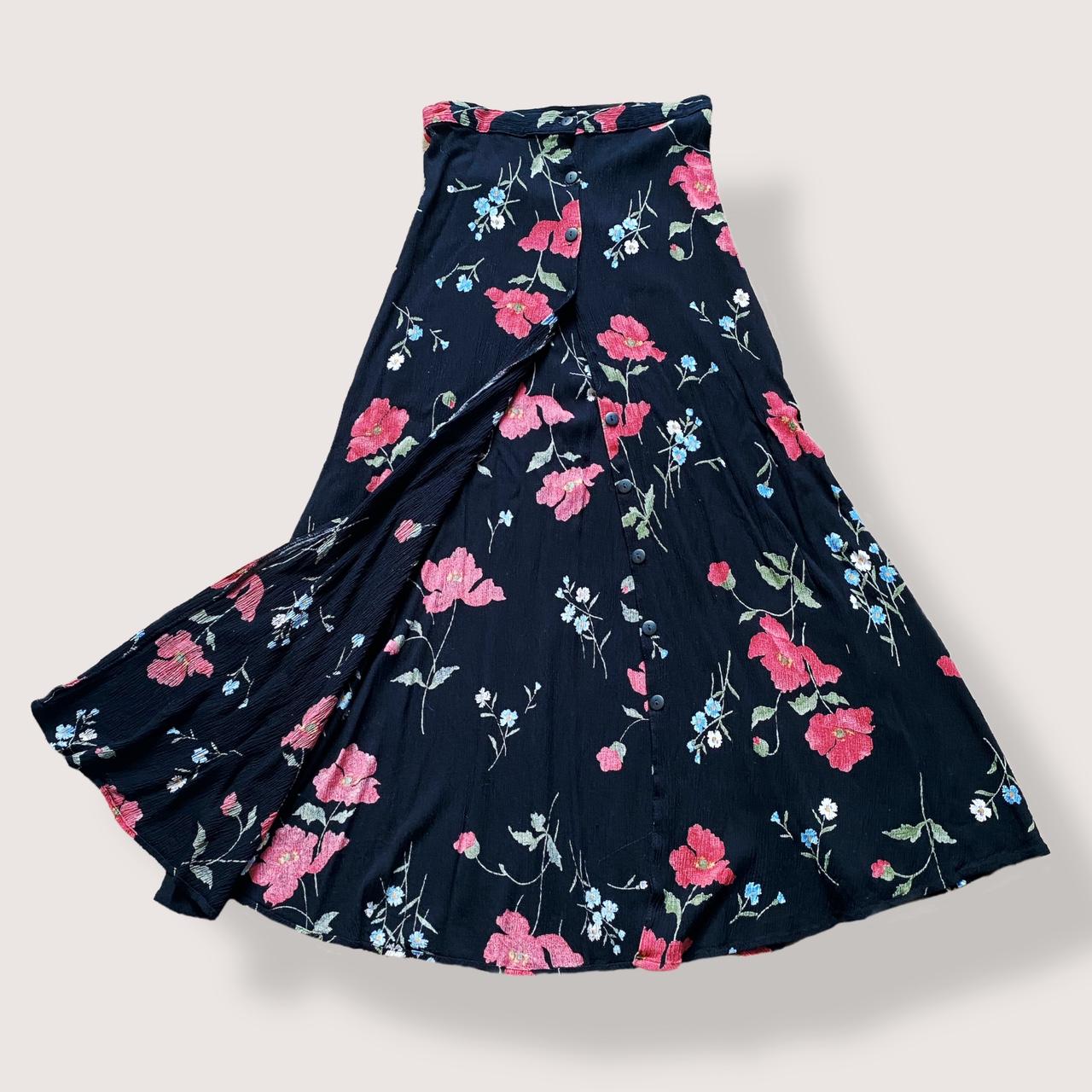 Floral Skirt Vintage 90s Maxi Skirt Summer Dark Floral Print Button Down Black Full Length Skirt Lig