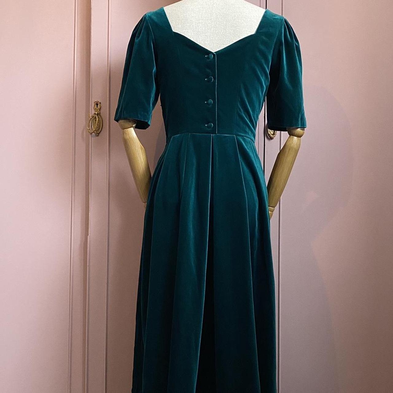 Vintage 90s Laura Ashley Dress Green Velvet Maxi Dress Buttons Up the Back Long Pleated Skirt Half S