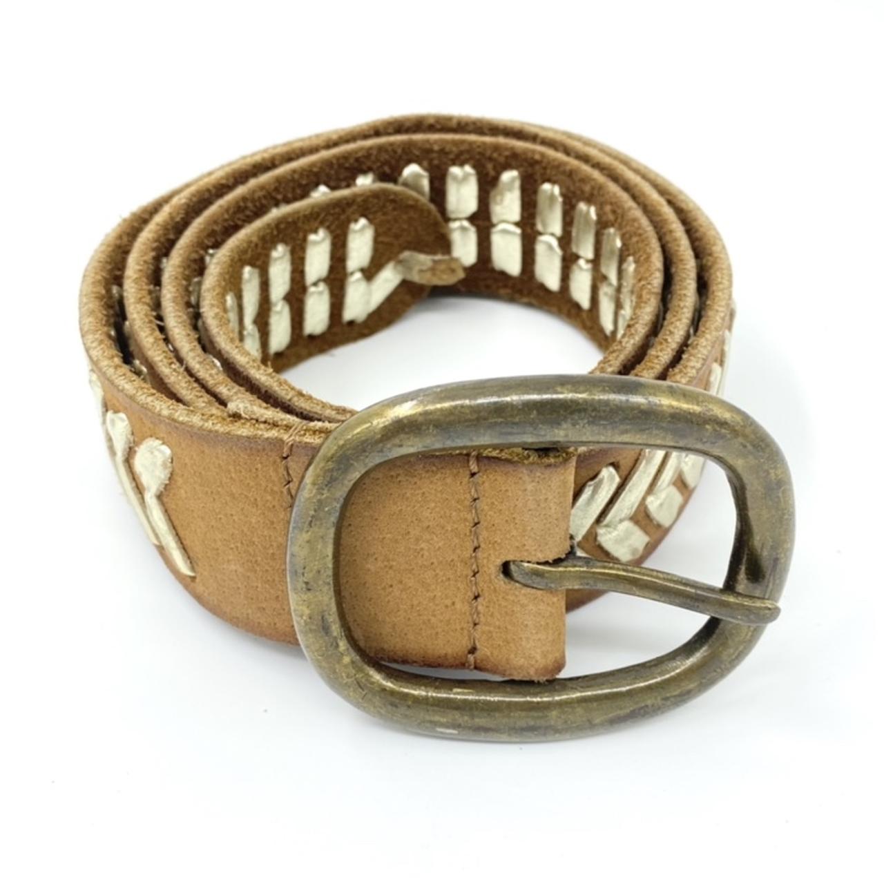 Vintage Western Belt Tan Leather Woven Braided Belt with Brass Tone Buckle