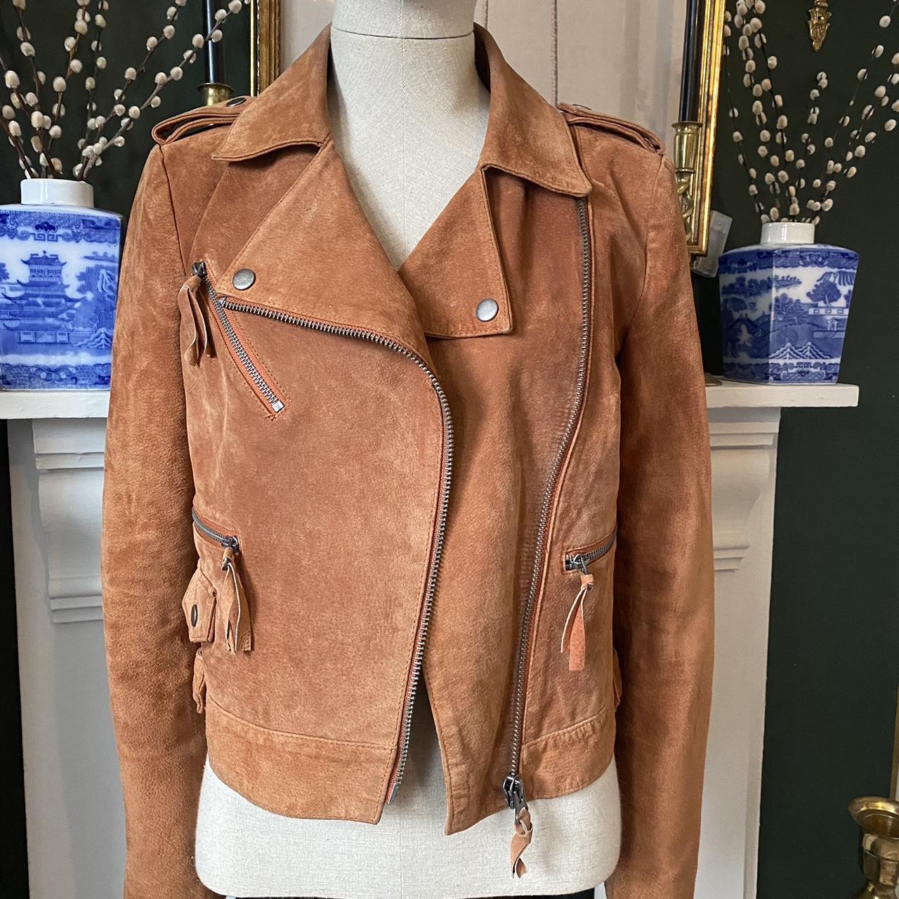 Tan Suede Biker Jacket Western Cowgirl Leather Bomber Jacket Brown Size UK 8 Small