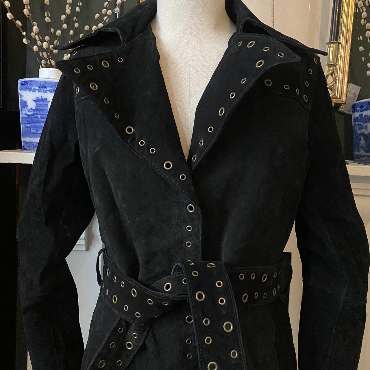 Vintage Black Suede Trench Coat Studded Long Leather Jacket Eyelet Embellished Jacket amid Length wi