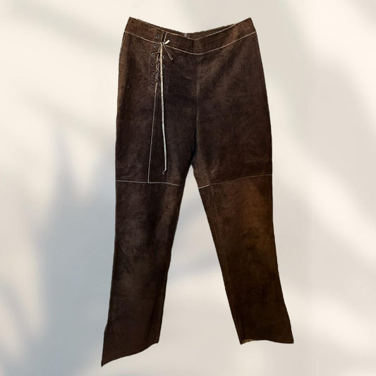 Vintage 90s Leather Trousers Western Suede Straight Leg Lace Up Brown Pants