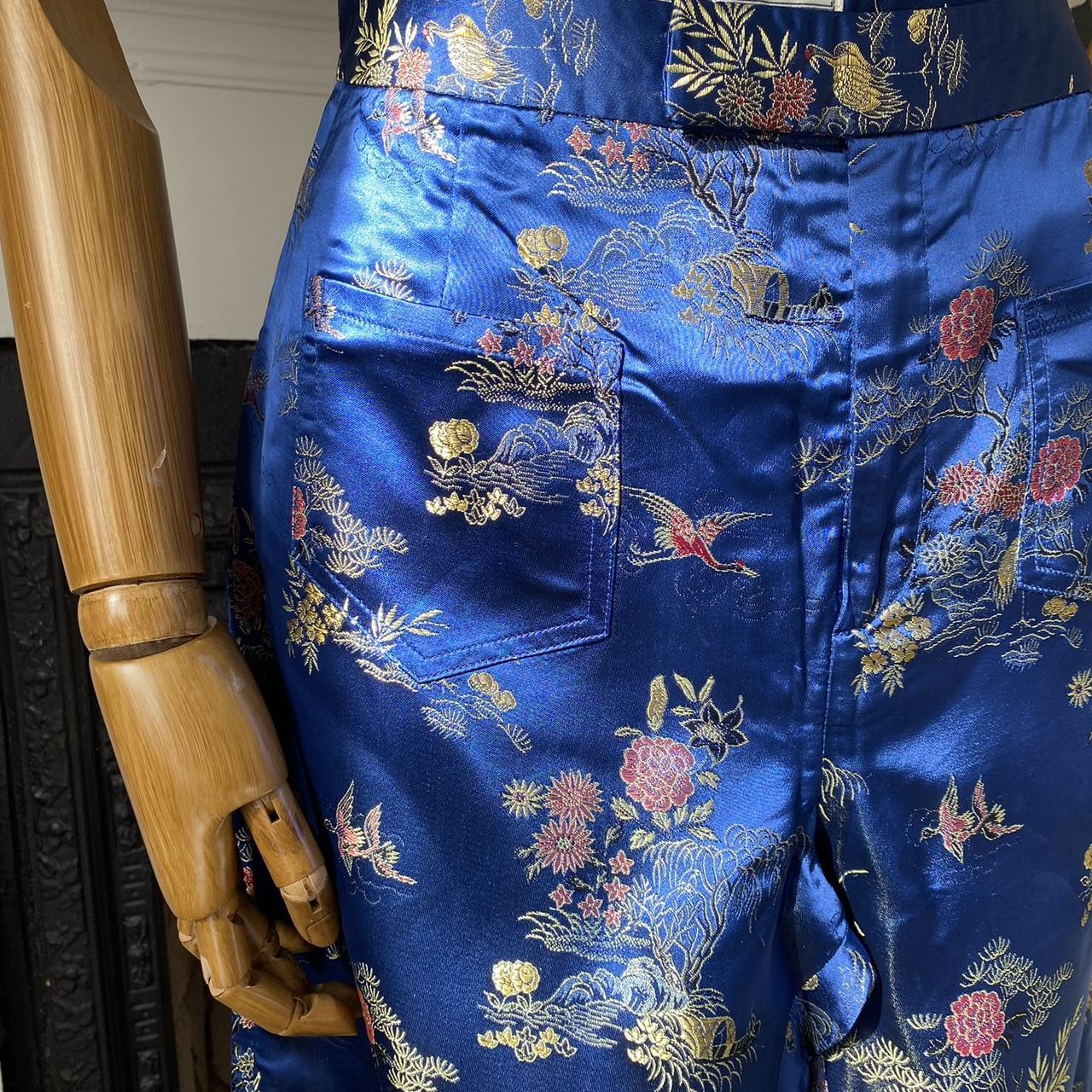 Vintage 90s Silk Trousers Blue Chinese Brocade Straight Leg Size M UK 10