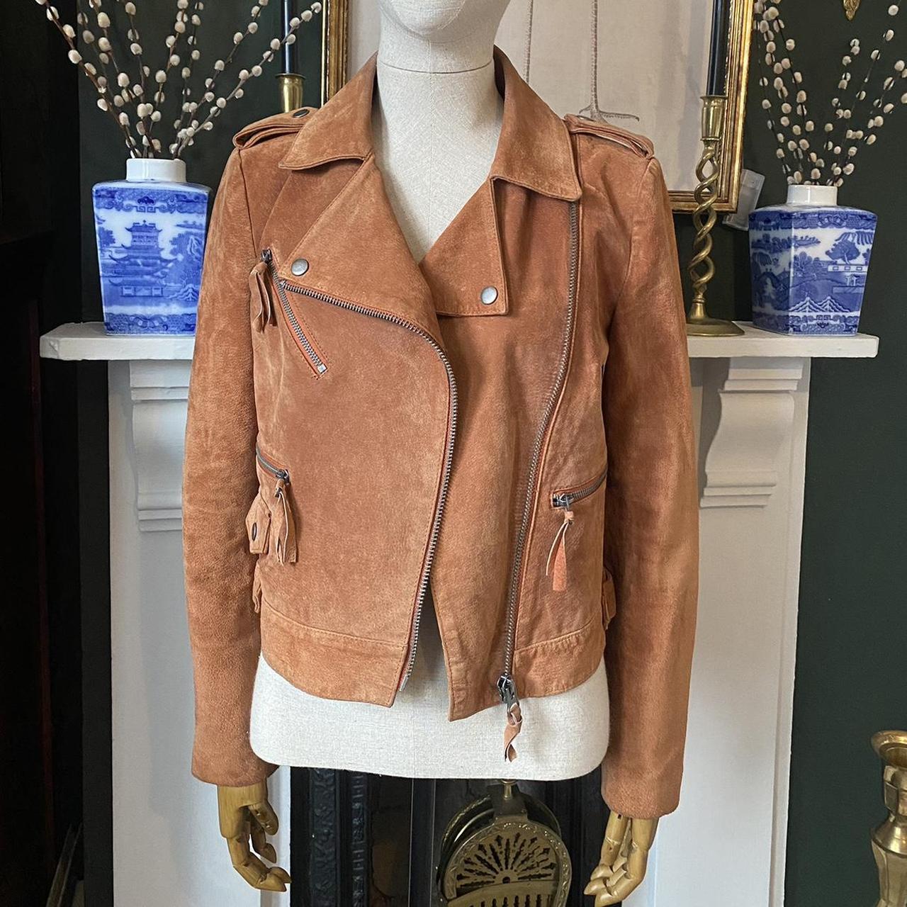 Tan Suede Biker Jacket Western Cowgirl Leather Bomber Jacket Brown Size UK 8 Small