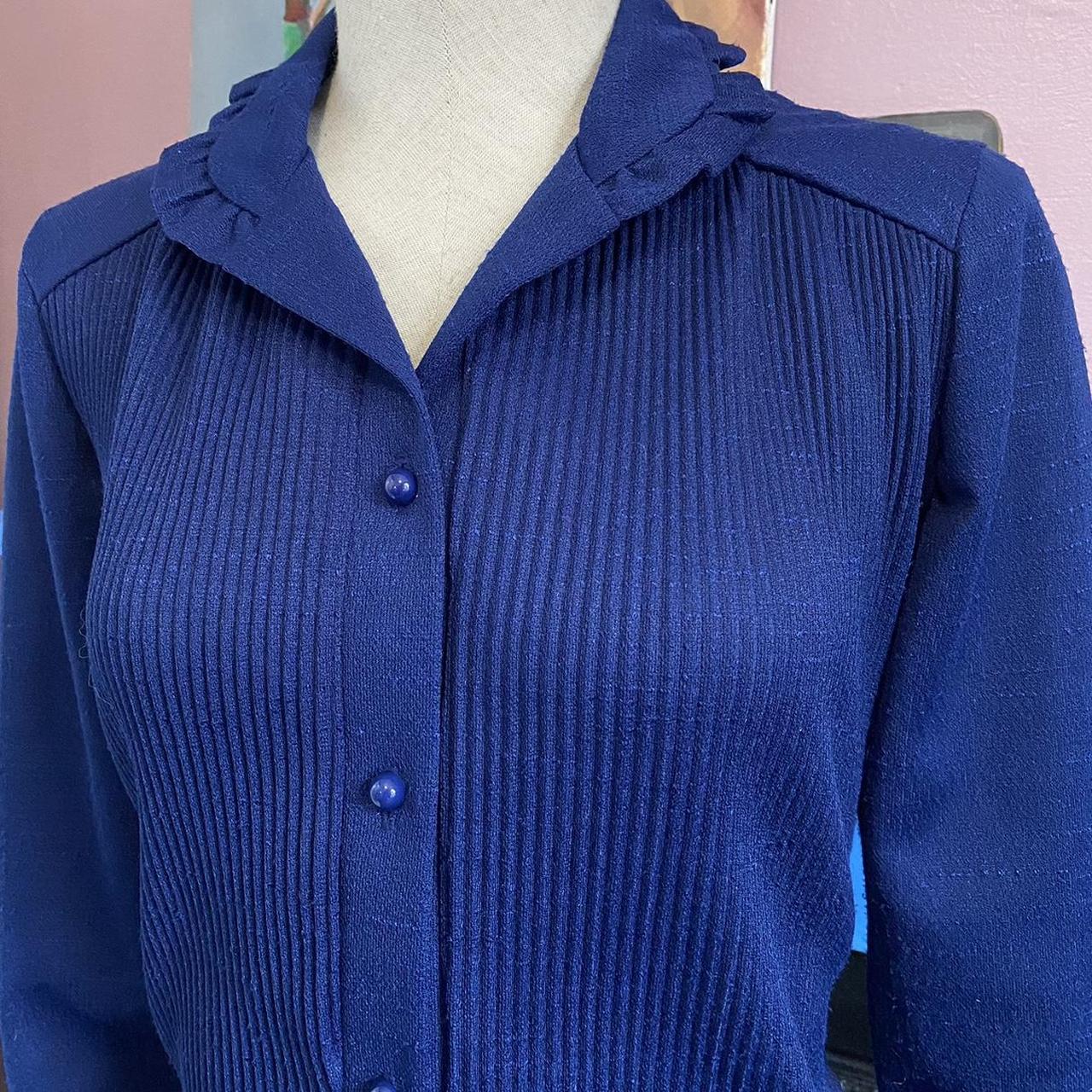 Vintage 70s Top Retro Ruffle Collar Blouse Blue Button-Up Shirt with Tie Back