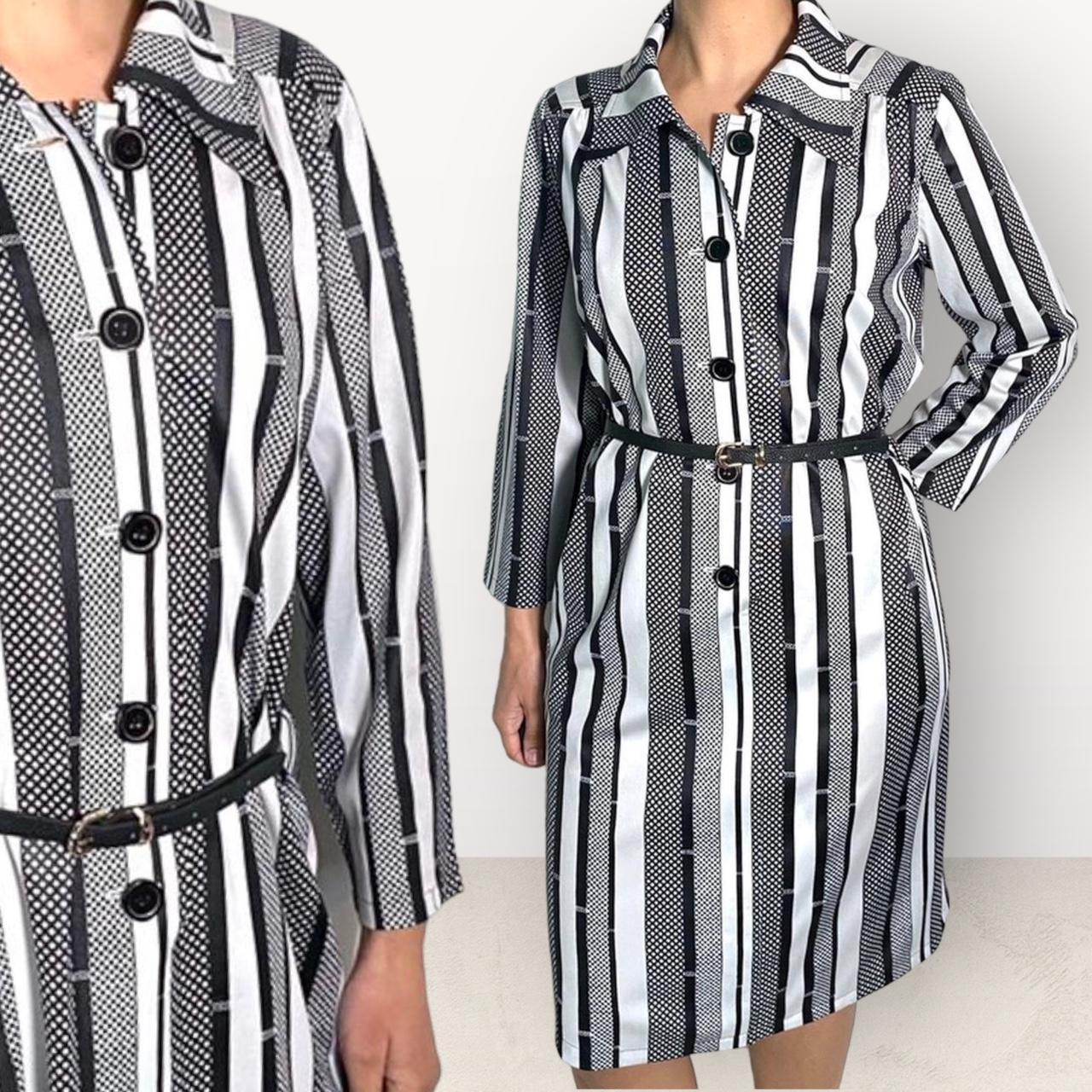 Vintage 70s Shirt Dress Collared Midi Dress Striped Long Sleeve Retro Dress with Pockets