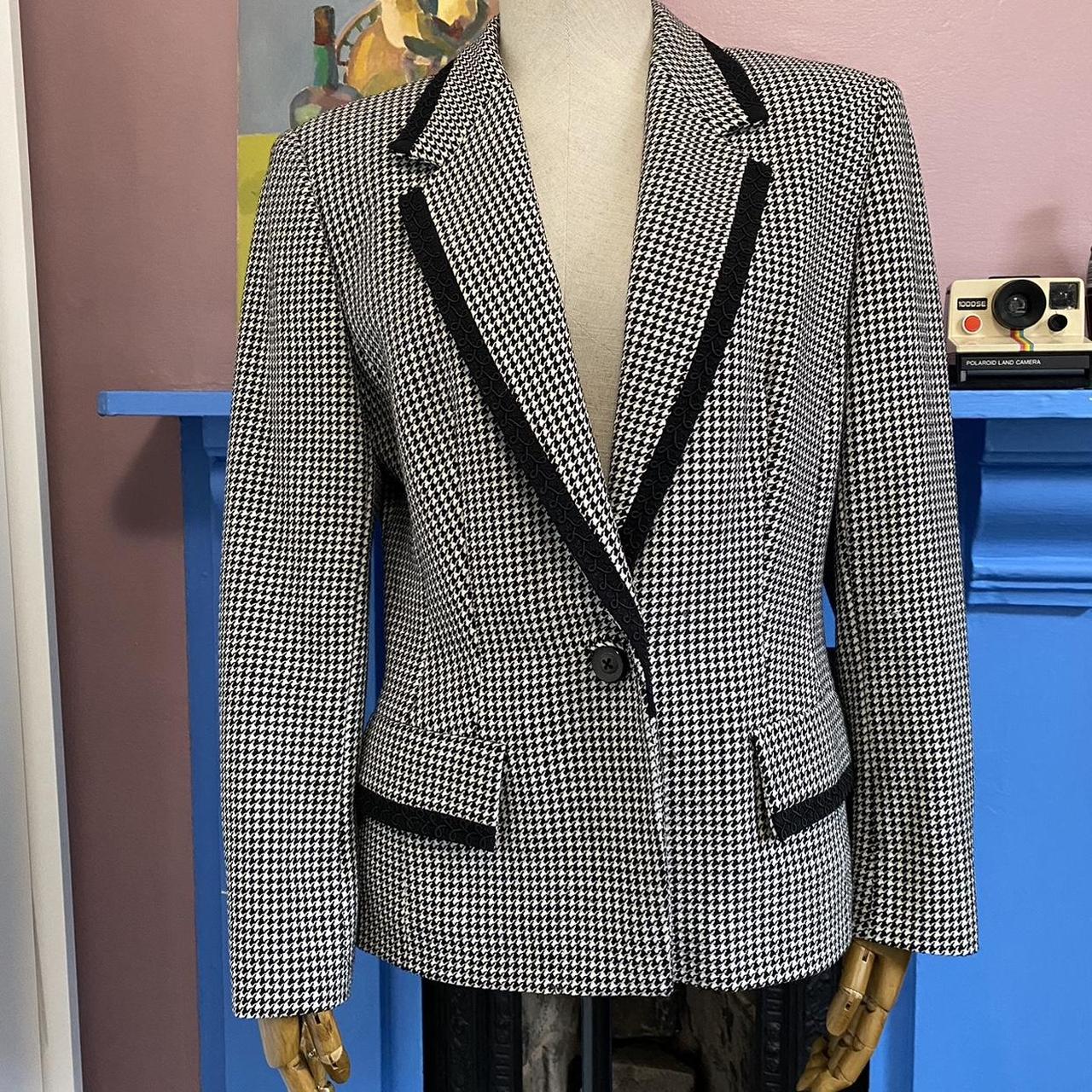 Vintage 90s Blazer Black Houndstooth Blazer Embellished Trim Button Up Jacket Ann Taylor UK 10