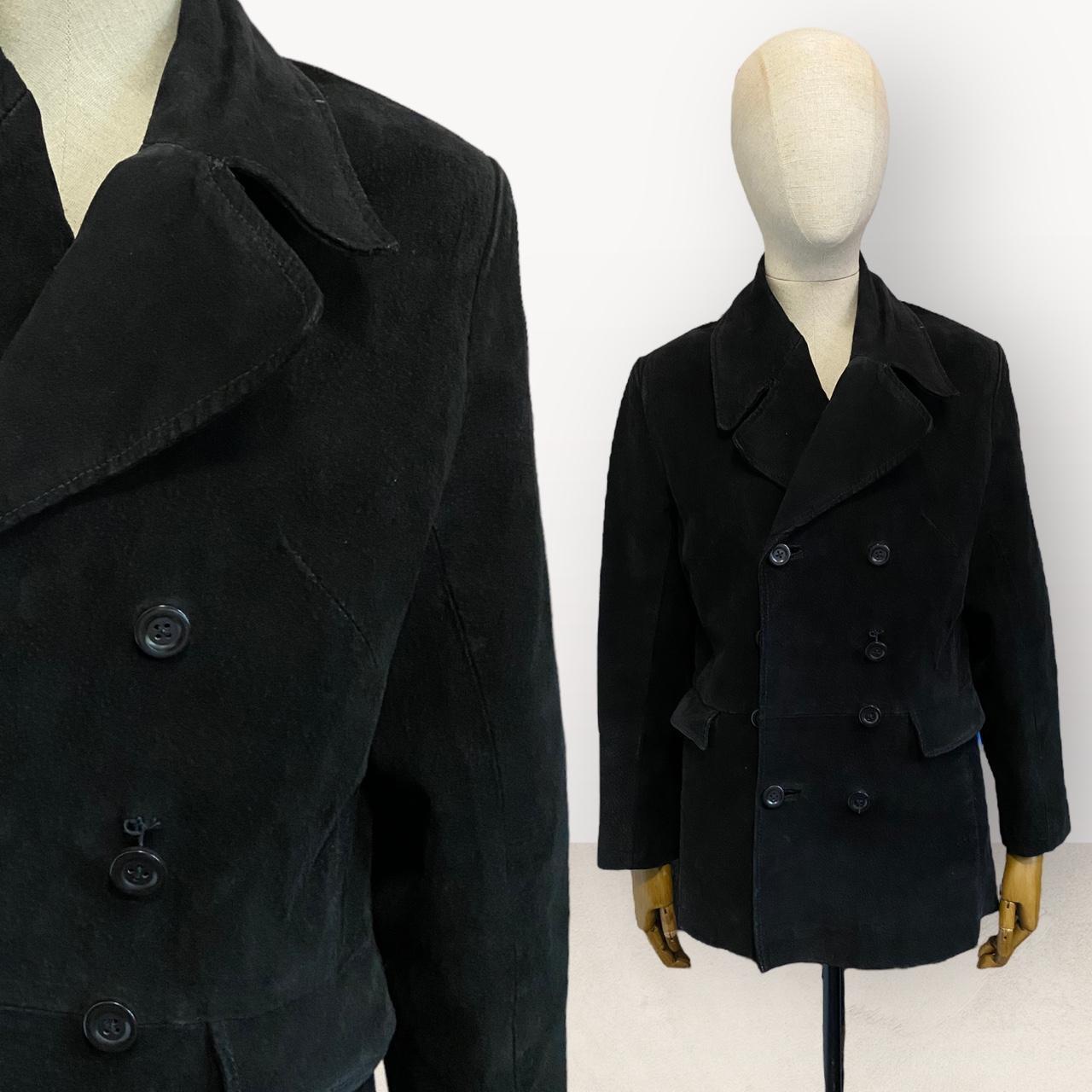 Vintage 1990s Suede Jacket Black Leather Coat Retro Peacoat Mid Length Small